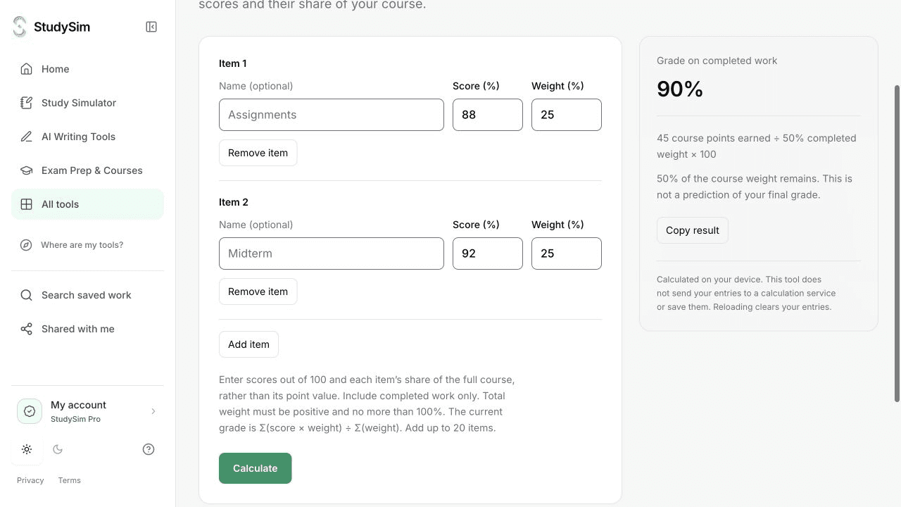 A working StudySim student calculator with entered values and a calculated result