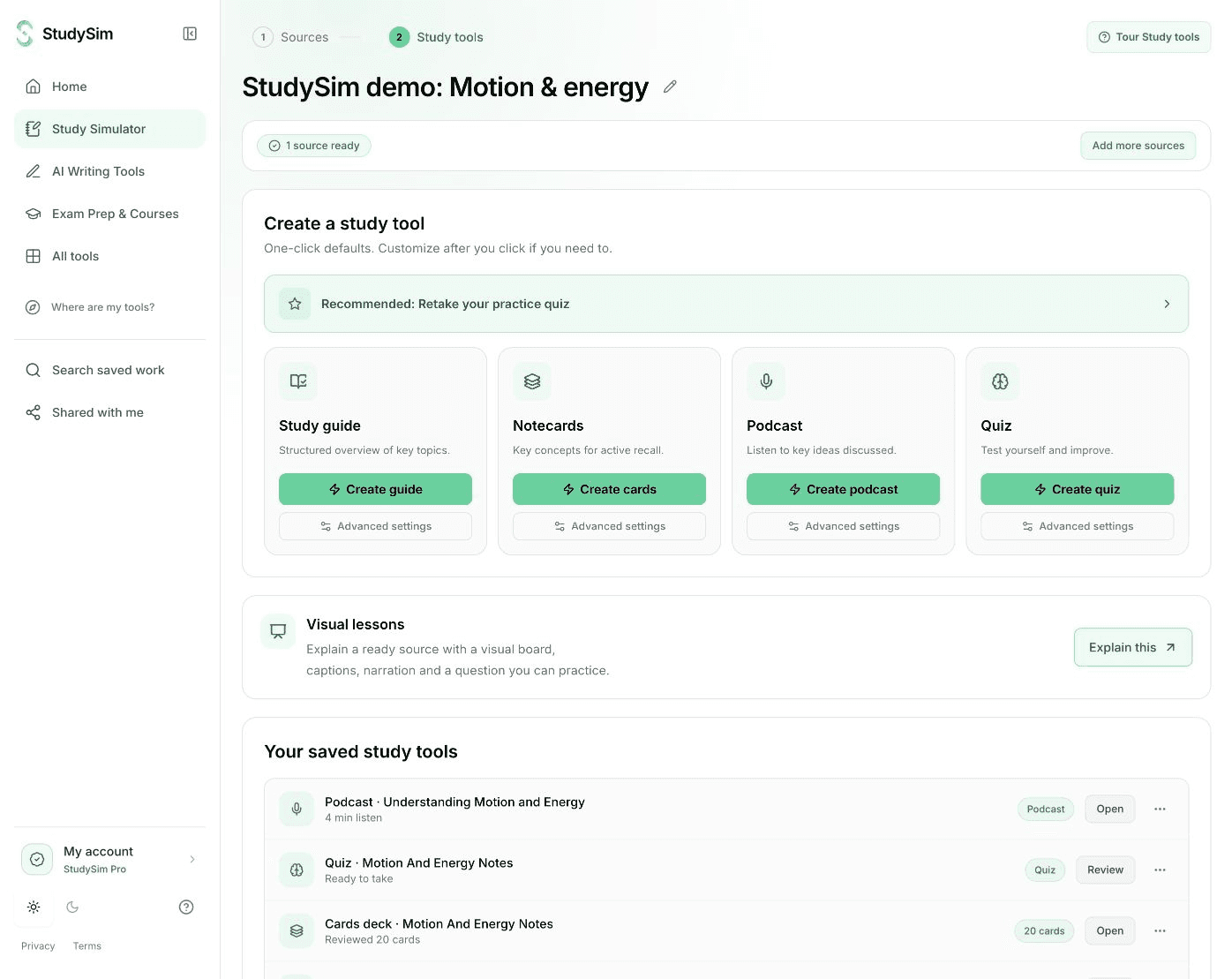 A real StudySim demo course with sources and saved study materials