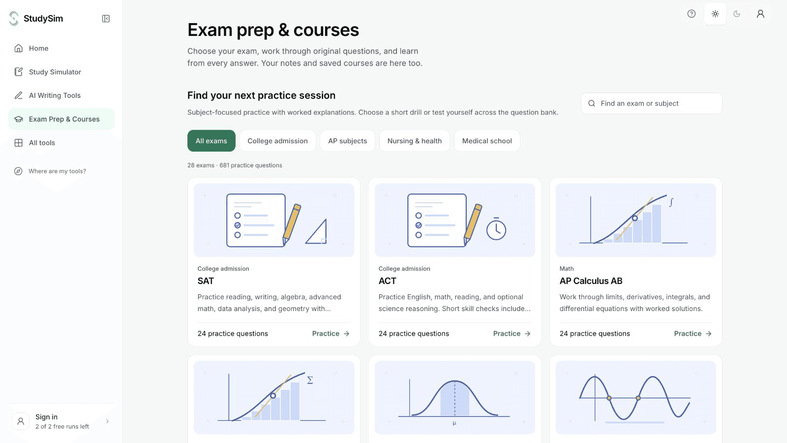 The real StudySim exam-prep catalog with available practice tests