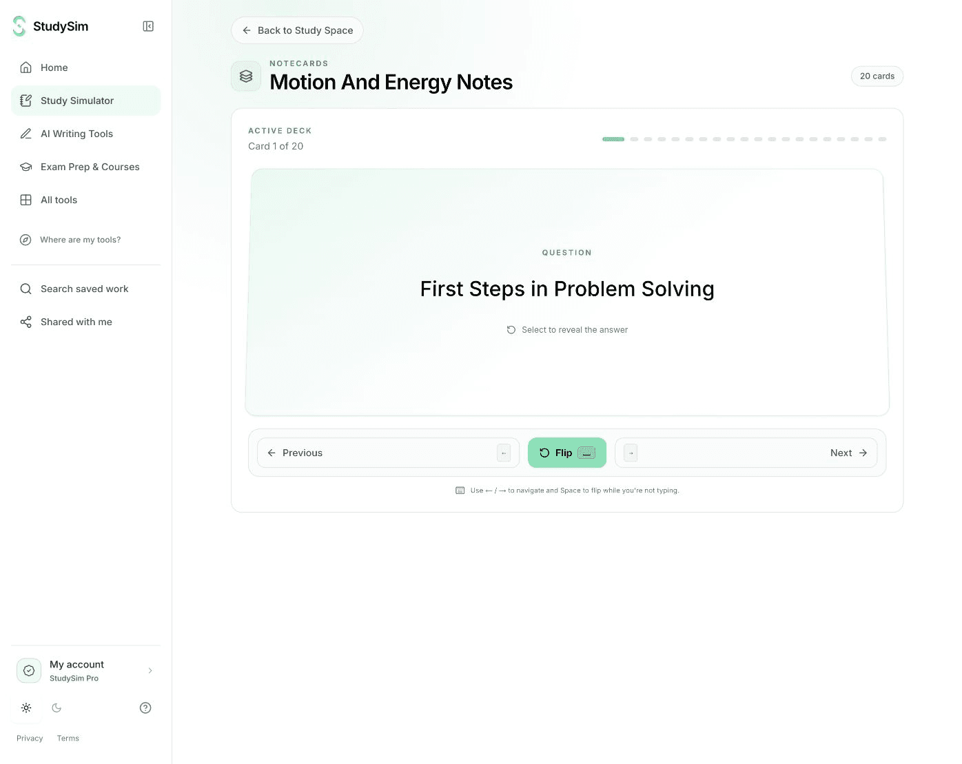 StudySim flashcard practice with a question, answer reveal, and card navigation