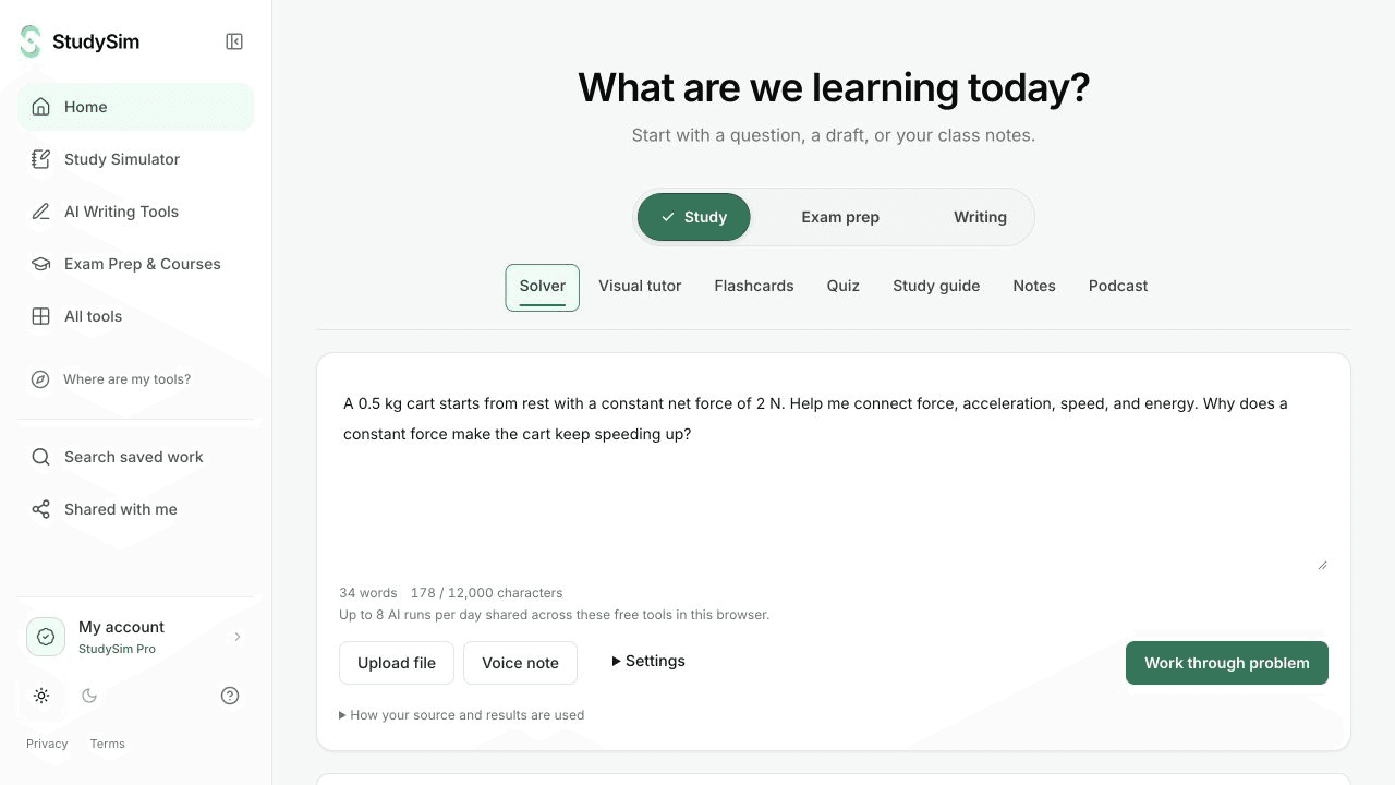 The real StudySim Home screen with Study, Exam prep, and Writing modes