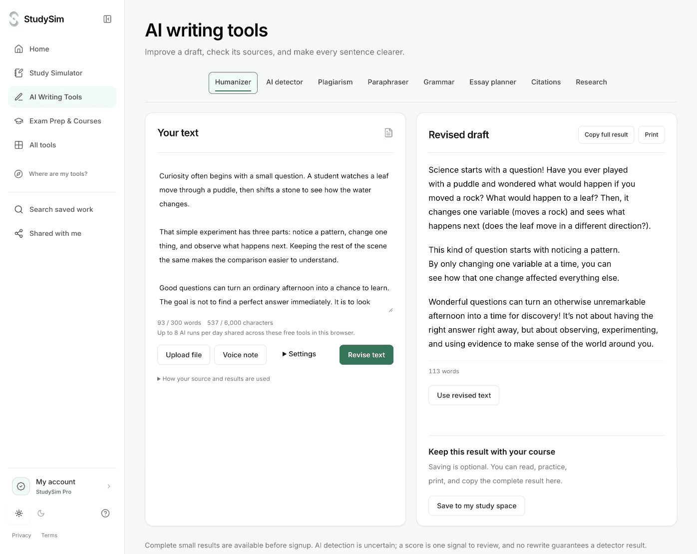 StudySim natural writing editor showing source and revised text with word counts
