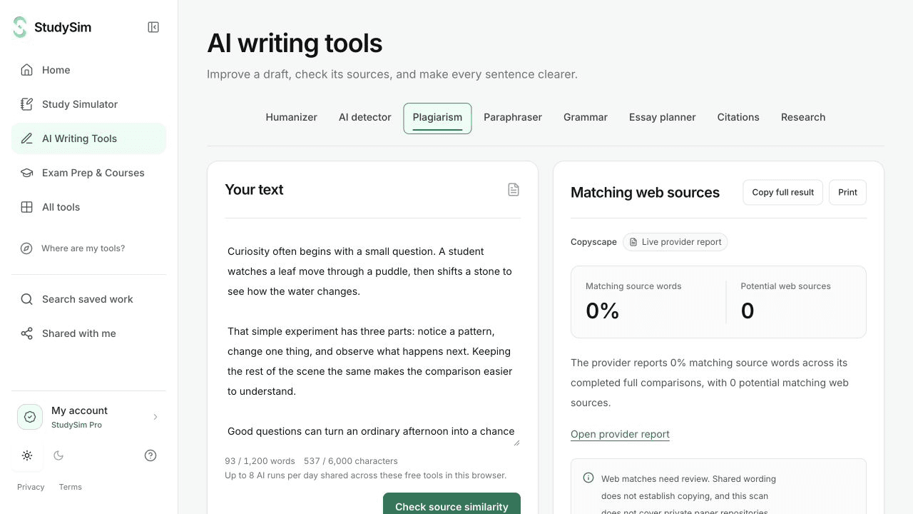 StudySim matching web sources report showing similarity metrics and report scope