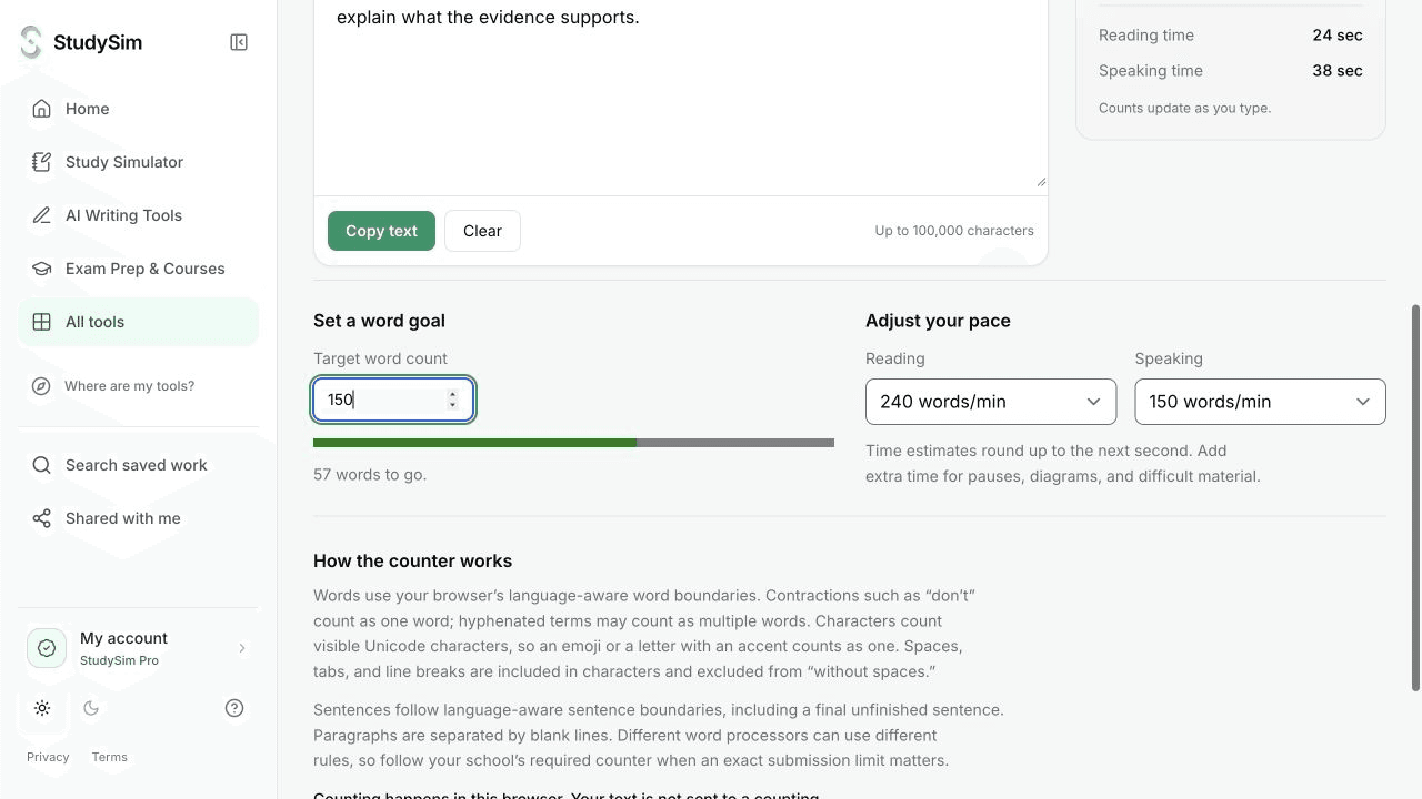 StudySim word counter showing live text metrics and a writing goal