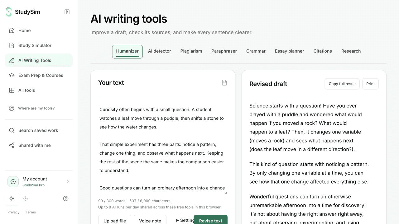 StudySim writing tools with an editable source and a real formatted result
