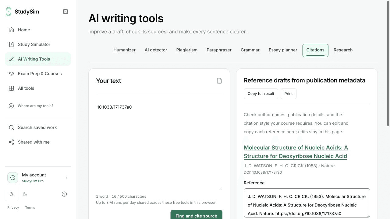 StudySim citation results showing publication metadata and source links