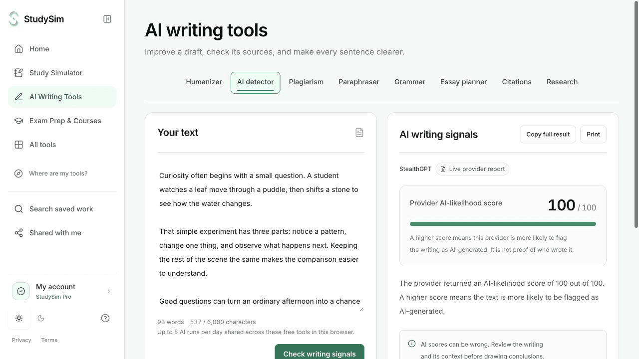 StudySim AI writing signals report with a provider score and visible uncertainty note