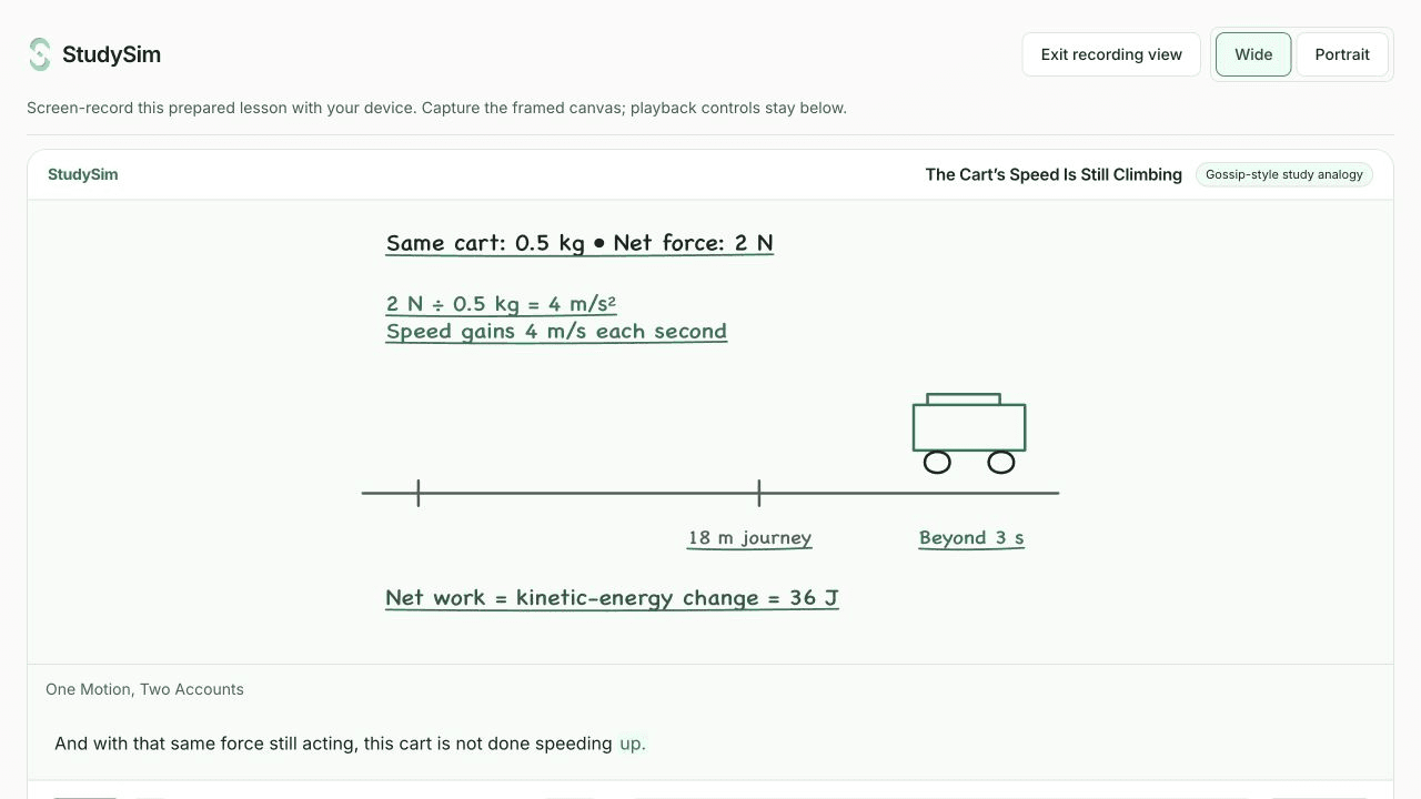 StudySim gossip-style visual lesson with narration and a drawn study analogy
