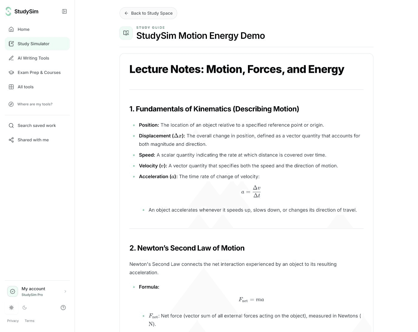 StudySim study workspace displaying organized source-based review material