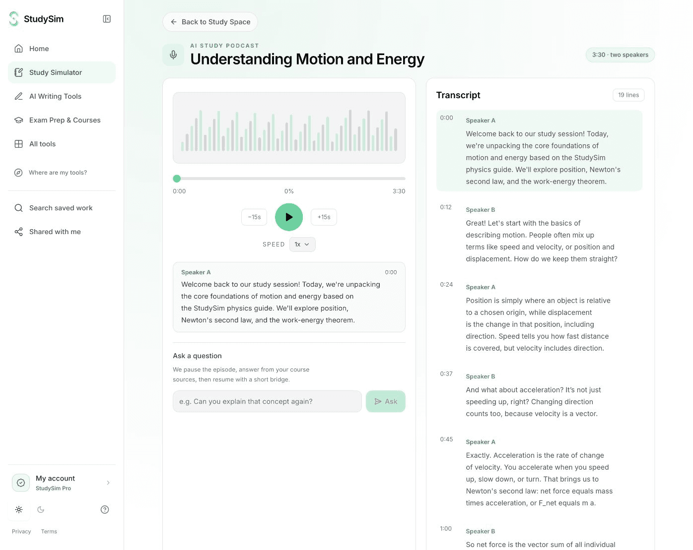 StudySim study podcast with an audio player and readable transcript