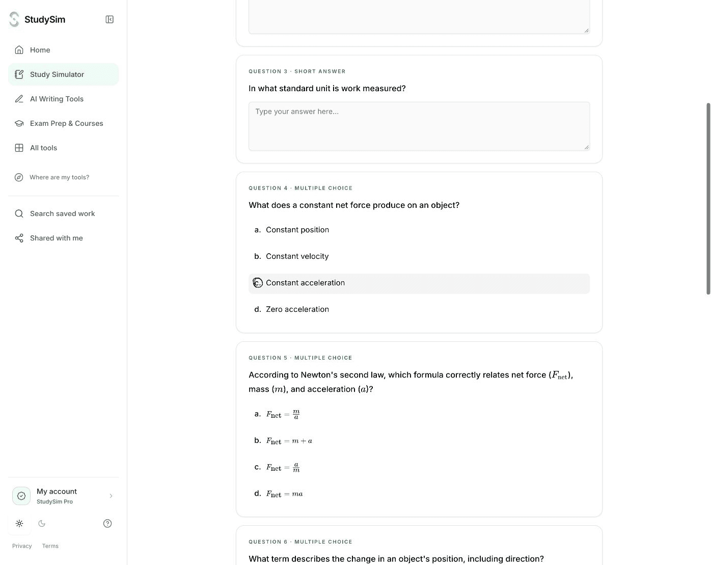 StudySim practice quiz with answer choices and checked-answer feedback