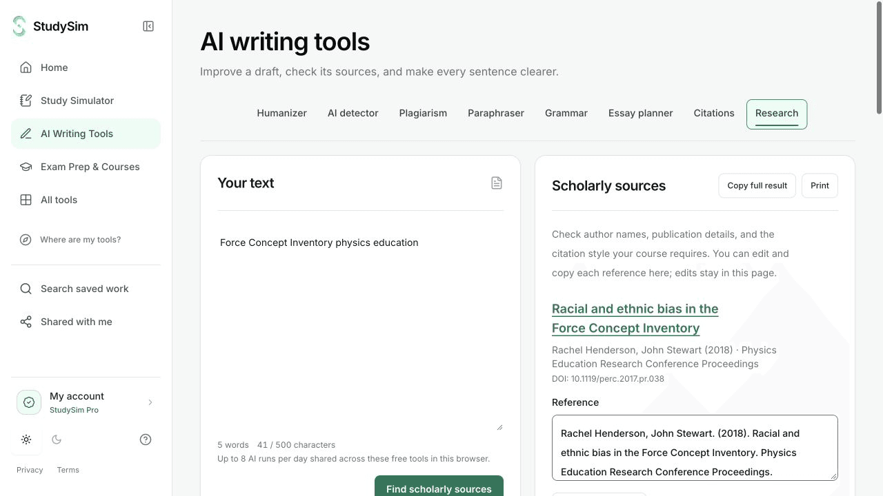 StudySim research results with scholarly publication records and original-source links