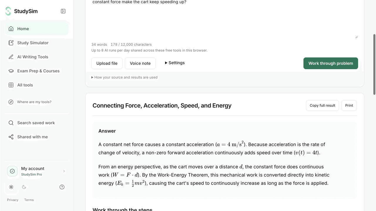 StudySim problem solver displaying an answer and worked explanation steps
