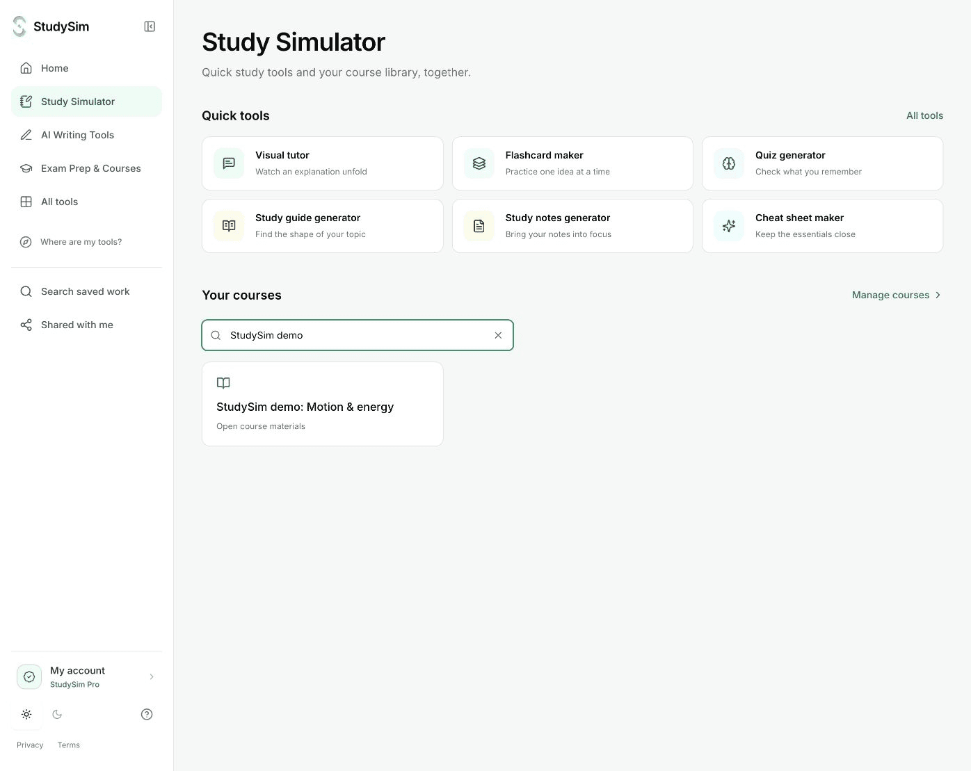 Study Simulator with quick study tools and a saved course library
