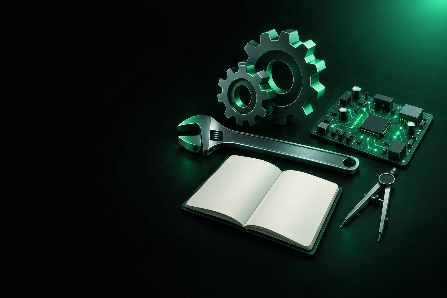 Interlocking gears, a wrench, a circuit board, a drafting compass and a blank notebook arranged as a skills still life