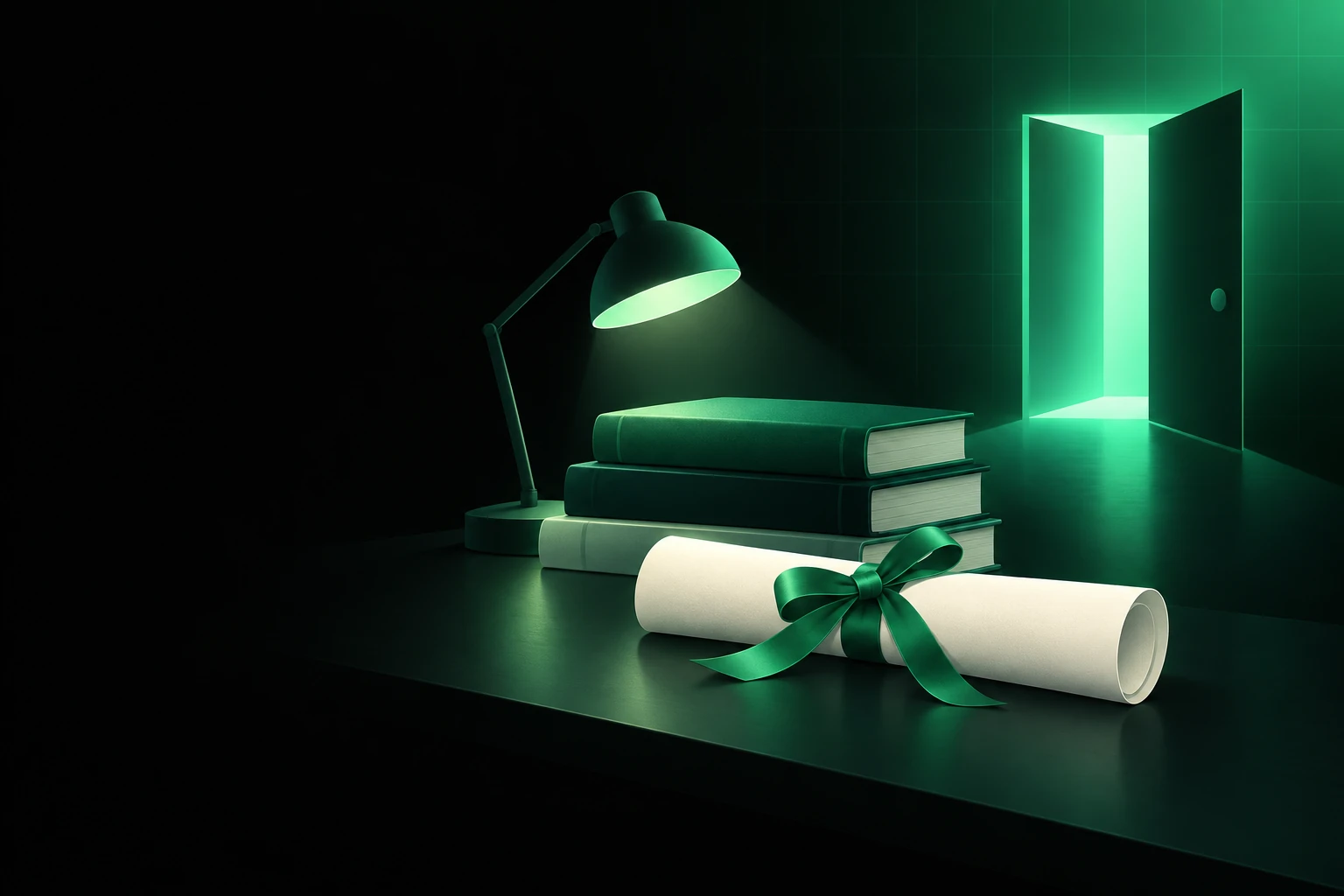 Rolled diploma tied with a green ribbon in front of stacked books and a desk lamp, with a glowing open doorway behind