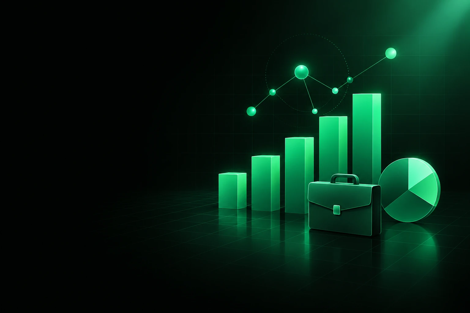 Rising green bar chart with a briefcase, a pie chart and a network of connected data points above it