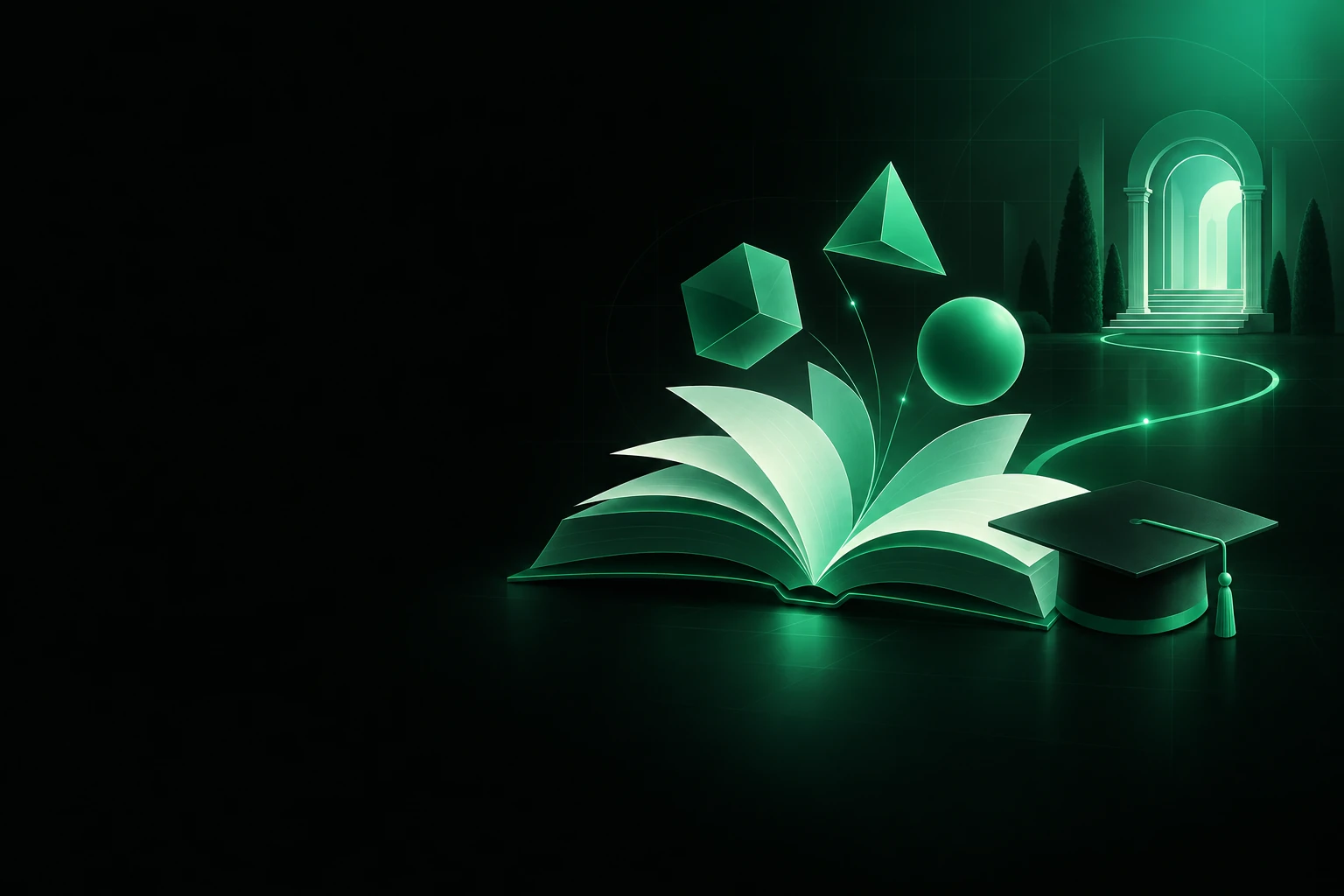 Open book with a cube, pyramid and sphere floating above it, a graduation cap and a glowing path to an arched doorway