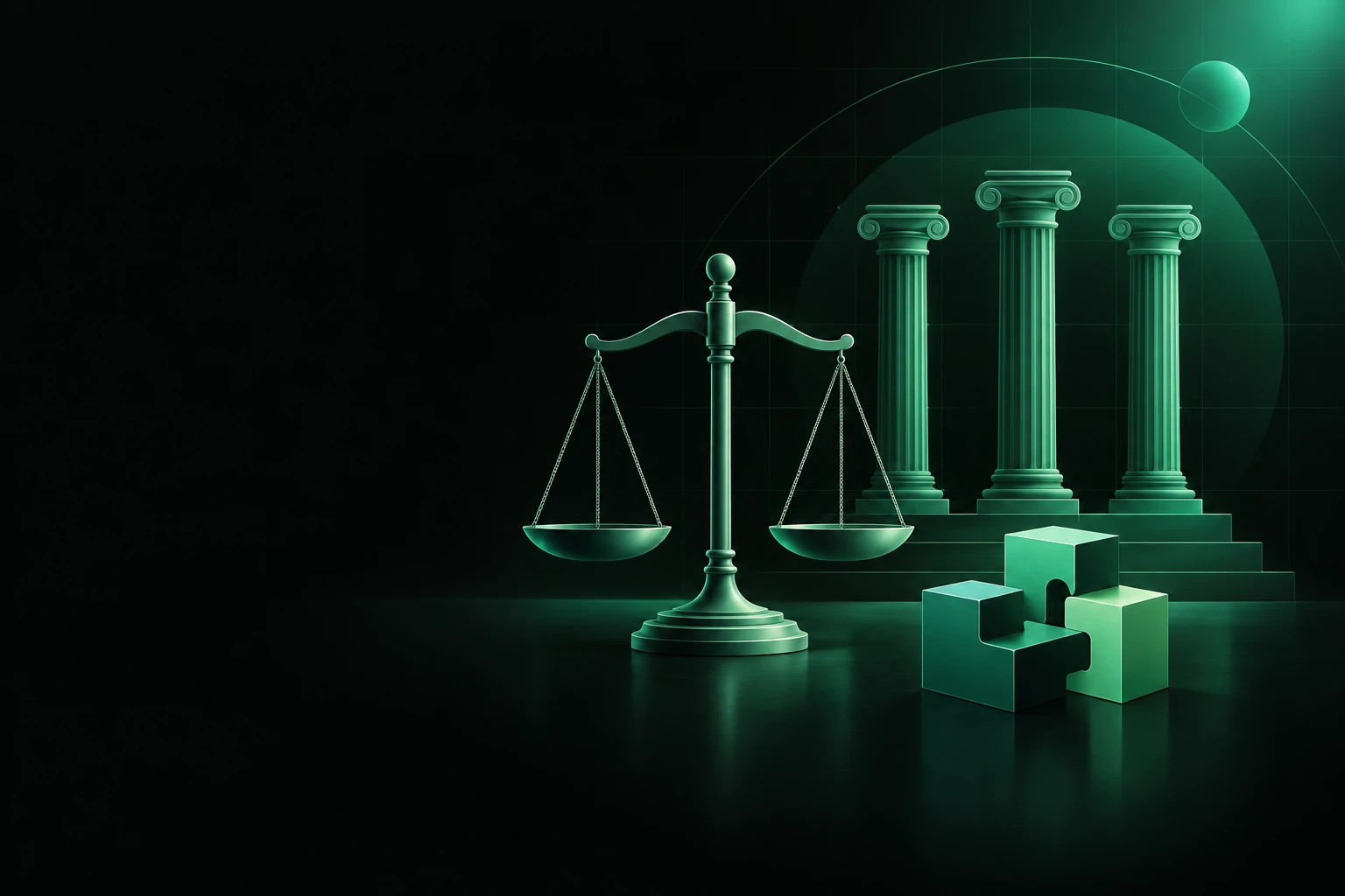 Balanced scales of justice in front of three classical columns, with interlocking puzzle blocks beside them