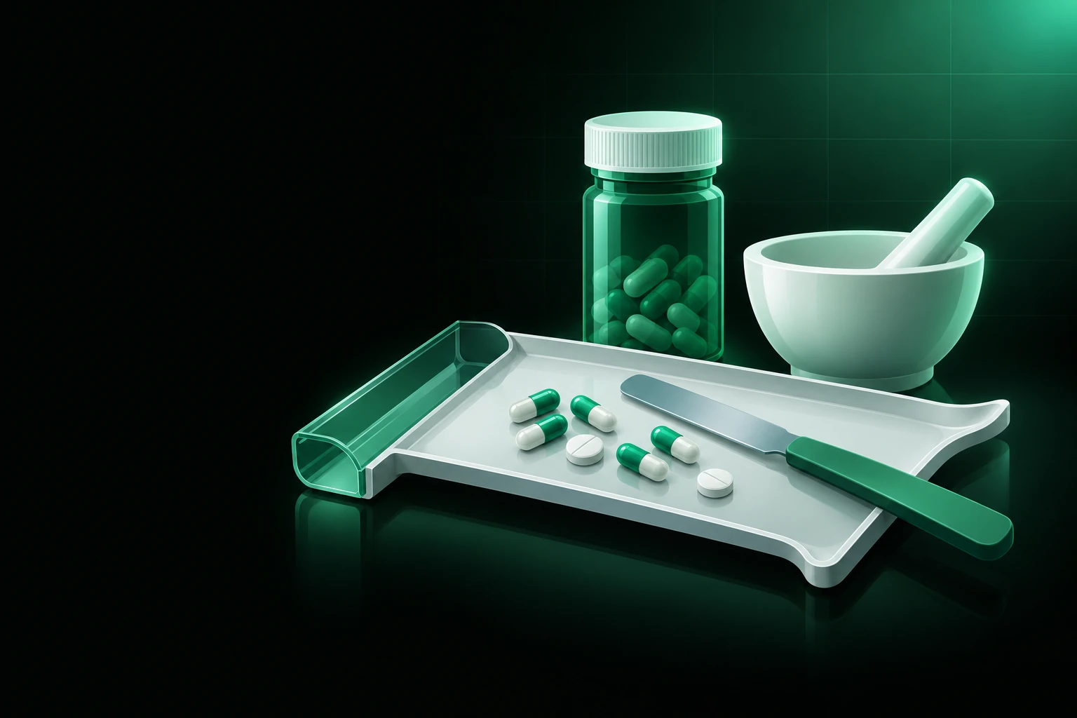 Pharmacy counting tray with capsules and a spatula, next to a green pill bottle and a mortar and pestle